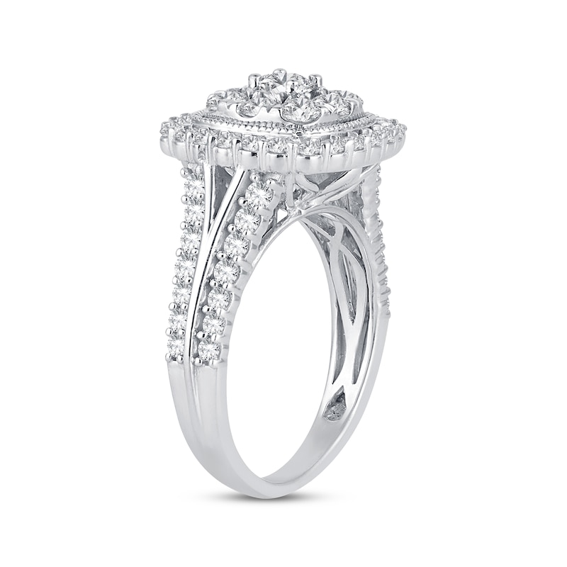Multi-Diamond Center Cushion Frame Engagement Ring 1-1/2 ct tw White Gold Plated