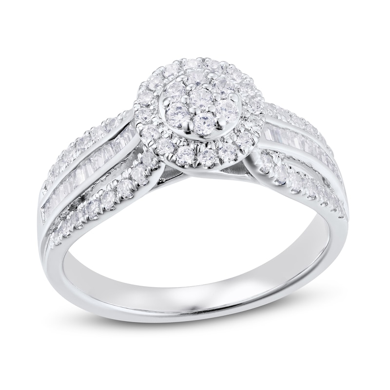 Multi-Diamond Engagement Ring 5/8 ct tw Round & Baguette White Gold Plated
