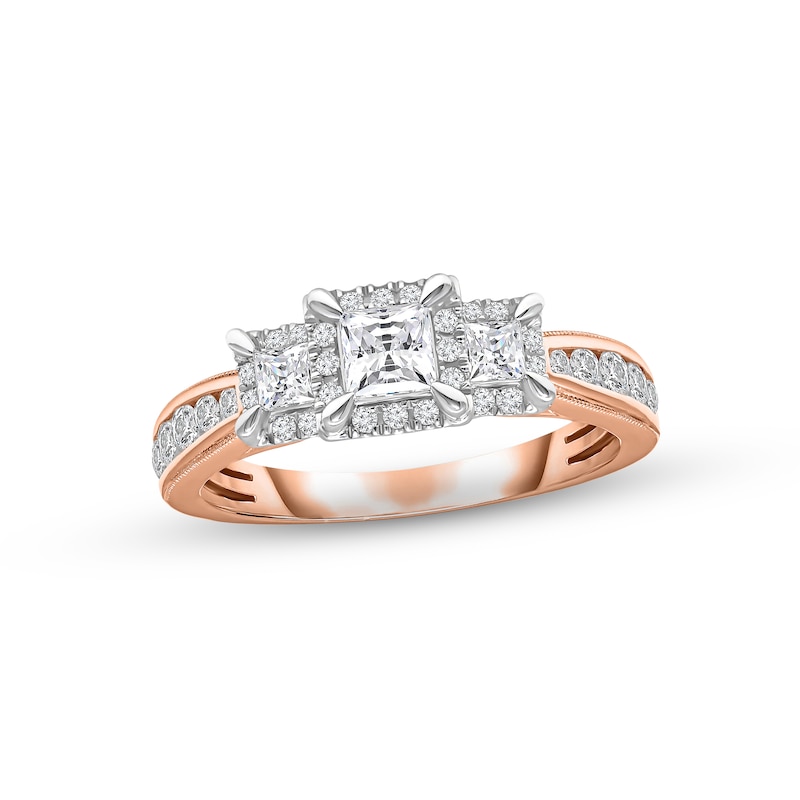 Diamond Three-Stone Engagement Ring 1 ct tw Princess & Round-cut Rose Gold Plated