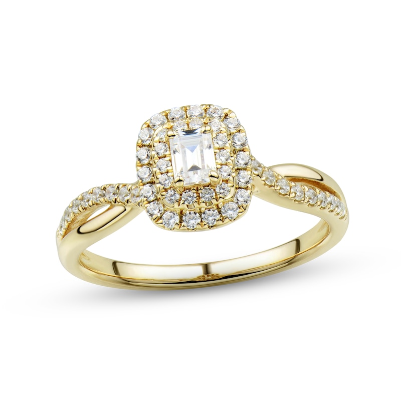 Diamond Engagement Ring 1/2 ct tw Emerald & Round-cut Yellow Gold Plated