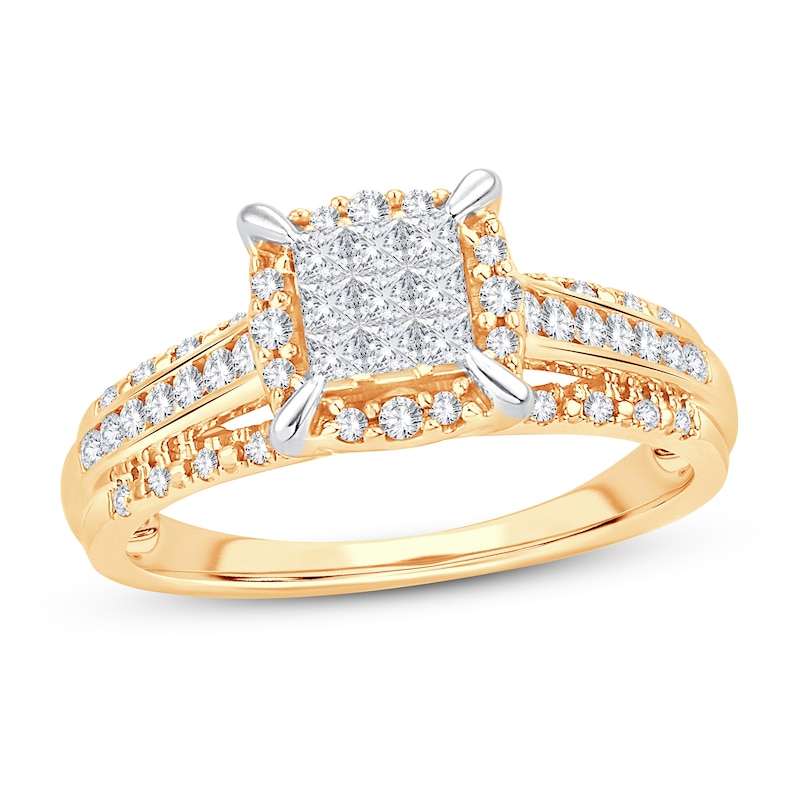 Multi-Diamond Engagement Ring 1/2 ct tw Princess & Round Yellow Gold Plated