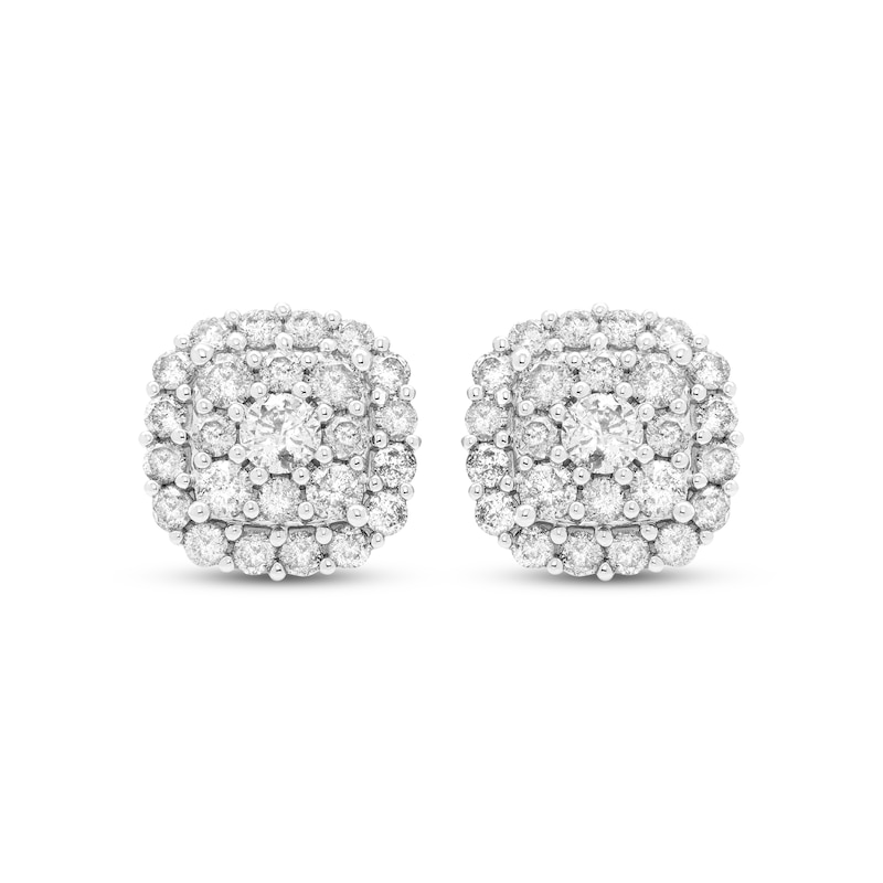 Diamond Cushion Cluster Stud Earrings 2 ct tw White Gold Plated