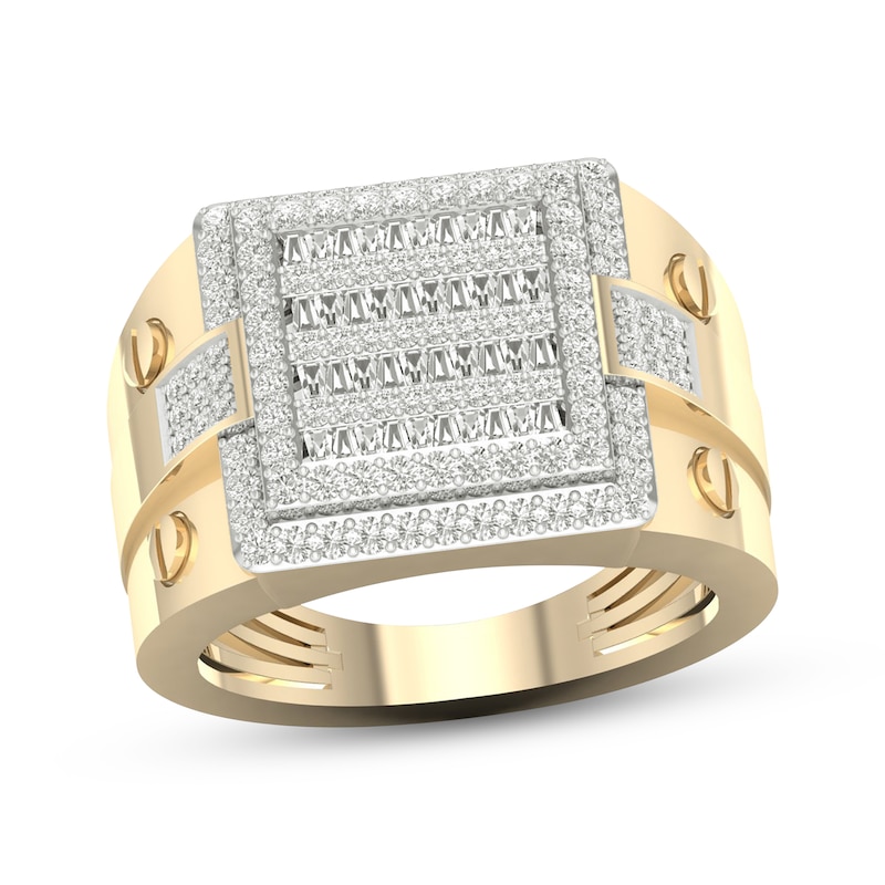 Men's Multi-Diamond Center Square Ring 1 ct tw Round & Baguette-cut Yellow Gold Plated