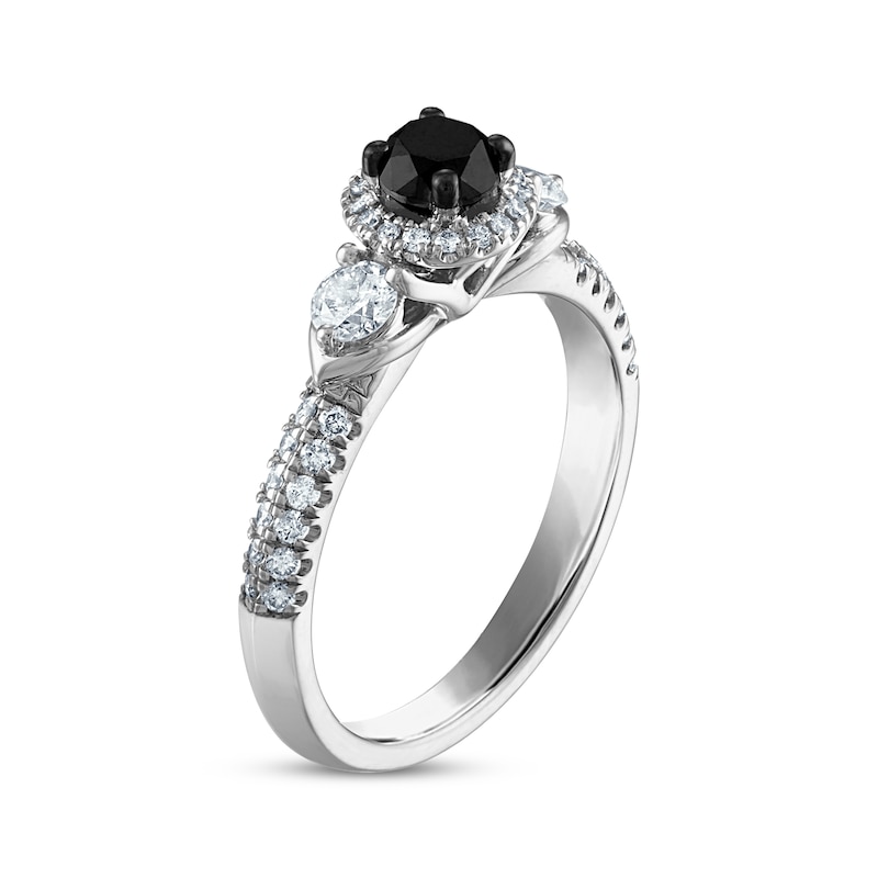 Round-Cut Black & White Diamond Three-Stone Halo Engagement Ring 1 ct tw White Gold Plated