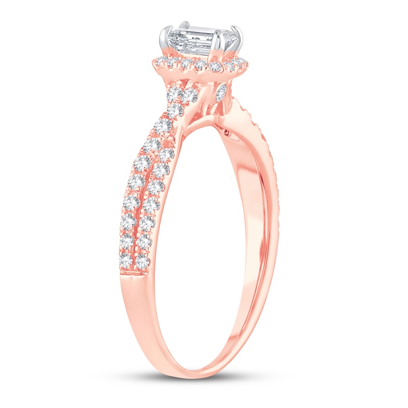 Diamond Engagement Ring 3/4 ct tw Emerald & Round Rose Gold Plated