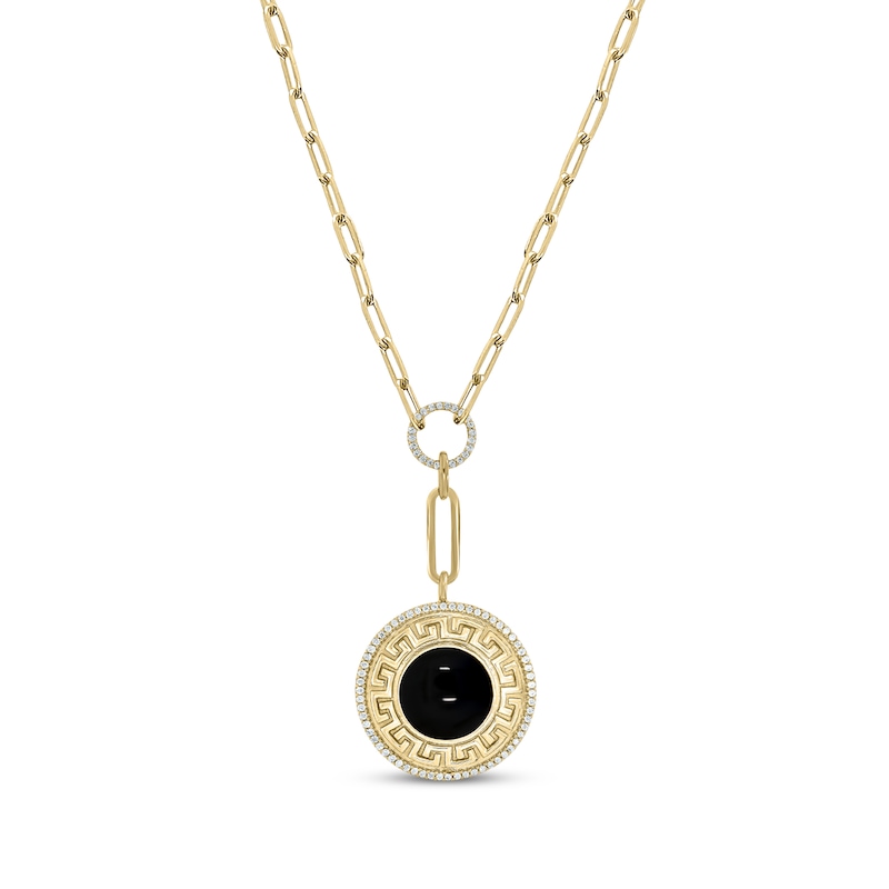 Round-Cut Diamond & Black Enamel Greek Key Disc Paperclip Chain Y-Drop Necklace 1/4 ct tw Yellow Gold Plated 18”
