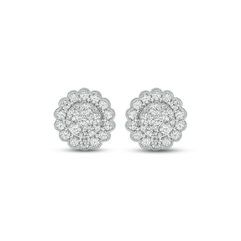 Diamond Flower Stud Earrings 1 ct tw Round-cut White Gold Plated