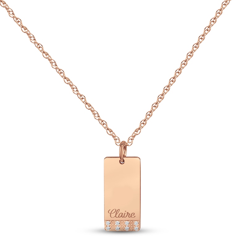Diamond Name Dog Tag Necklace Rose Gold Plated 18"