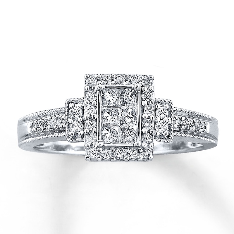 Engagement Ring 3/8 ct tw Princess & Round-cut Diamonds White Gold Plated