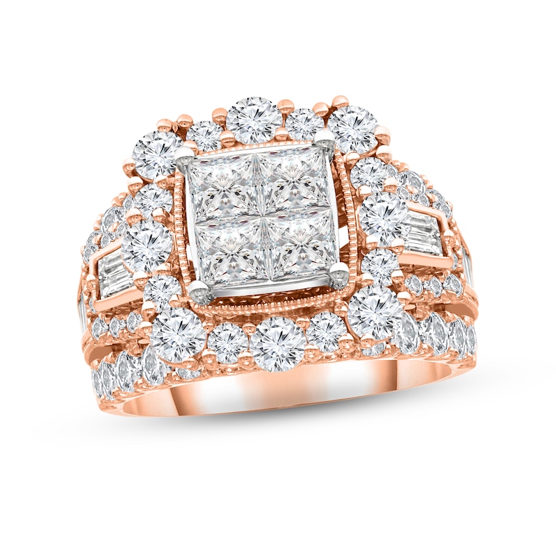 Multi-Diamond Engagement Ring 4 ct tw Princess, Round & Baguette-cut Rose Gold Plated