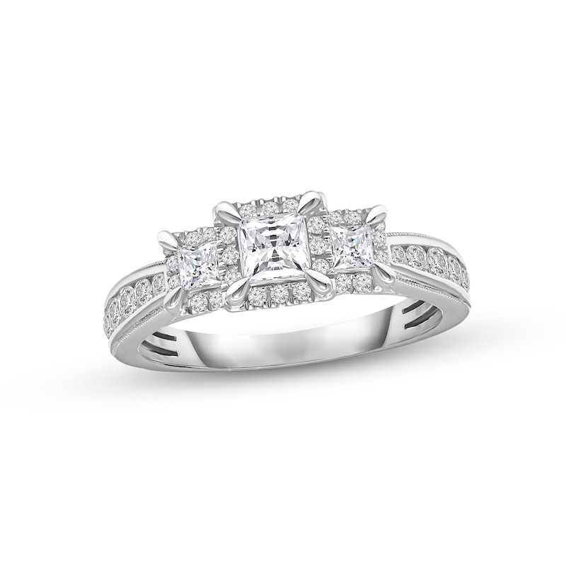 Diamond Three-Stone Engagement Ring 1 ct tw Princess & Round-cut White Gold Plated