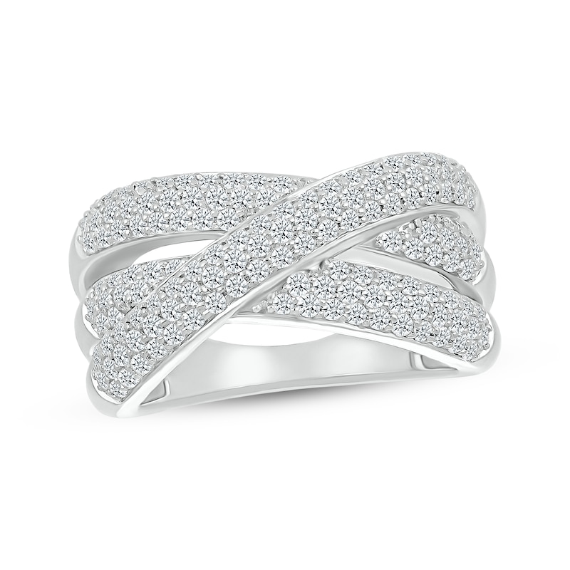 Diamond Three-Row Crossover Ring 1 ct tw White Gold Plated