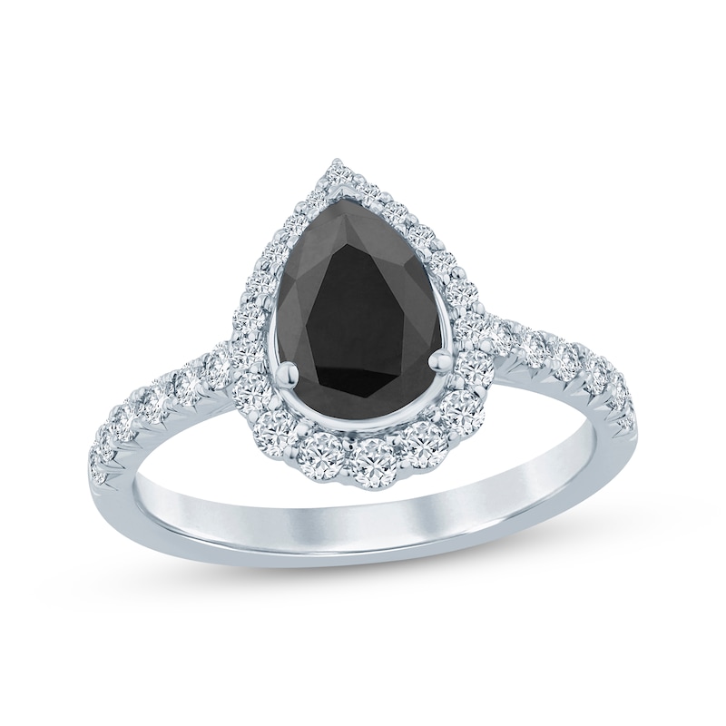 Pear-Shaped Black Diamond & Round-Cut White Diamond Engagement Ring 1-1/2 ct tw White Gold Plated