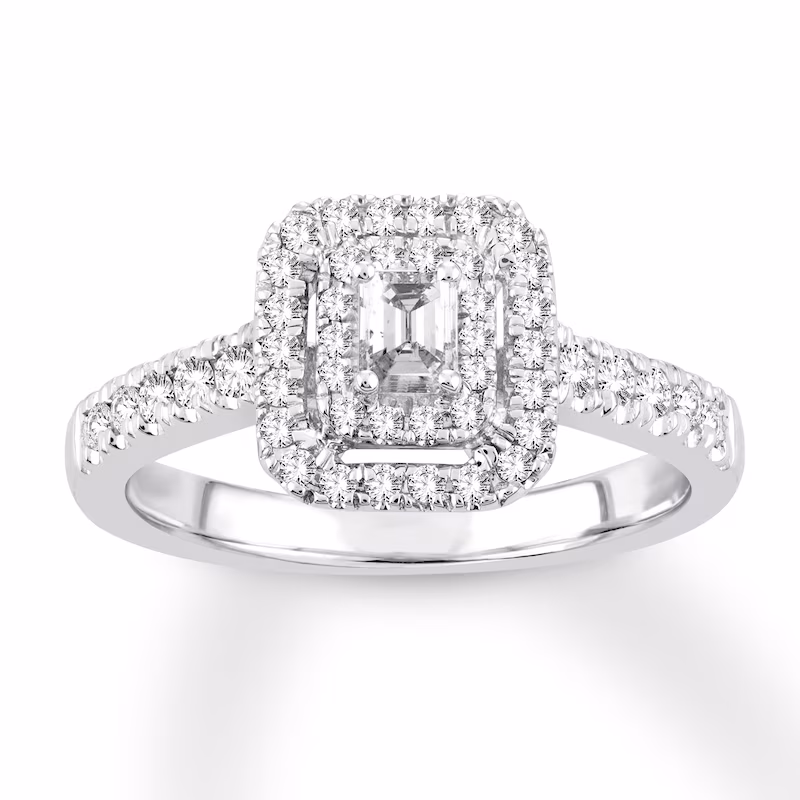 Now + Forever Diamond Engagement Ring 1/2 ct tw Emerald & Round 14K White Gold