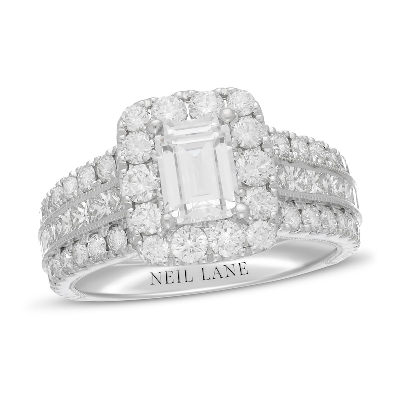 Neil Lane Engagement Ring 2-7/8 ct tw Emerald, Princess & Round White Gold Plated