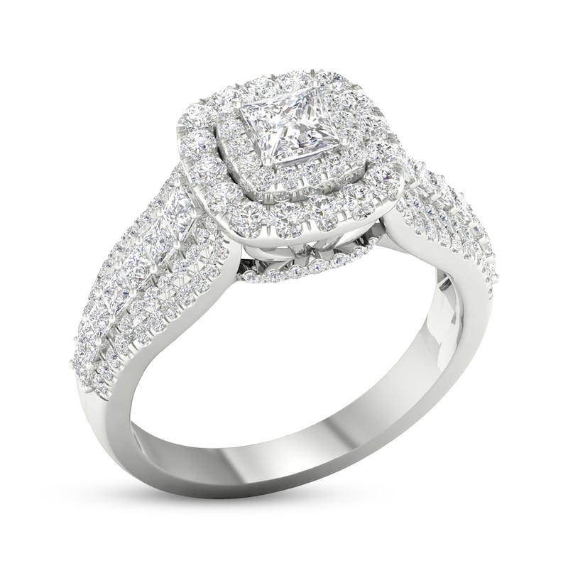 Princess & Round-Cut Diamond Engagement Ring 1-3/8 ct tw White Gold Plated