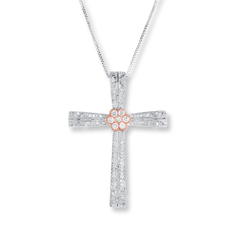 Diamond Cross Necklace 5/8 ct tw Round-cut Two-Tone Gold Plated