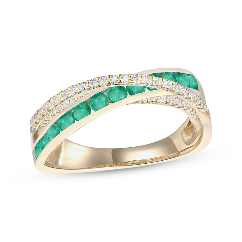 Round-Cut Emerald & Diamond Crossover Ring 1/4 ct tw Yellow Gold Plated