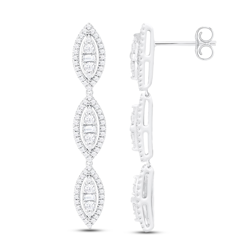Diamond Marquise Drop Earrings 1 ct tw Round & Baguette-cut White Gold Plated