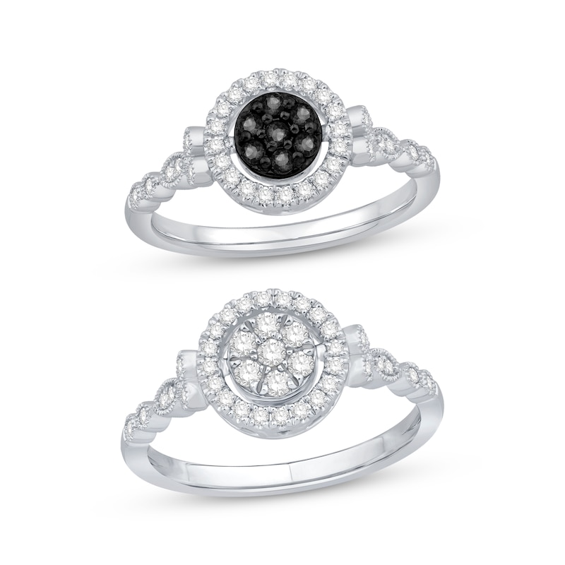 Black & White Multi-Diamond Center Circle Convertible Ring 3/8 ct tw Round-cut White Gold Plated