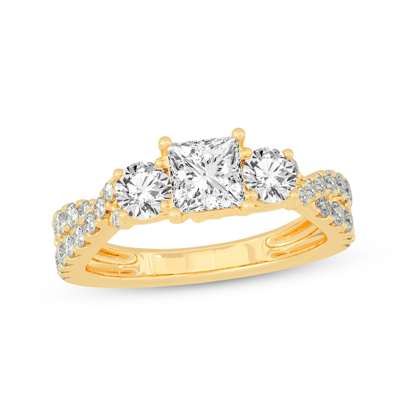 Princess & Round-Cut Three-Stone Diamond Engagement Ring 2 ct tw Yellow Gold Plated