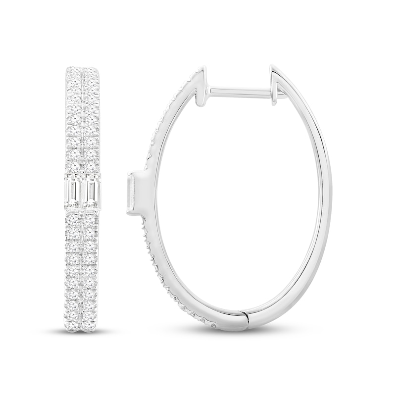 Diamond Double Row Hoop Earrings 1/2 ct tw Baguette & Round-cut White Gold Plated