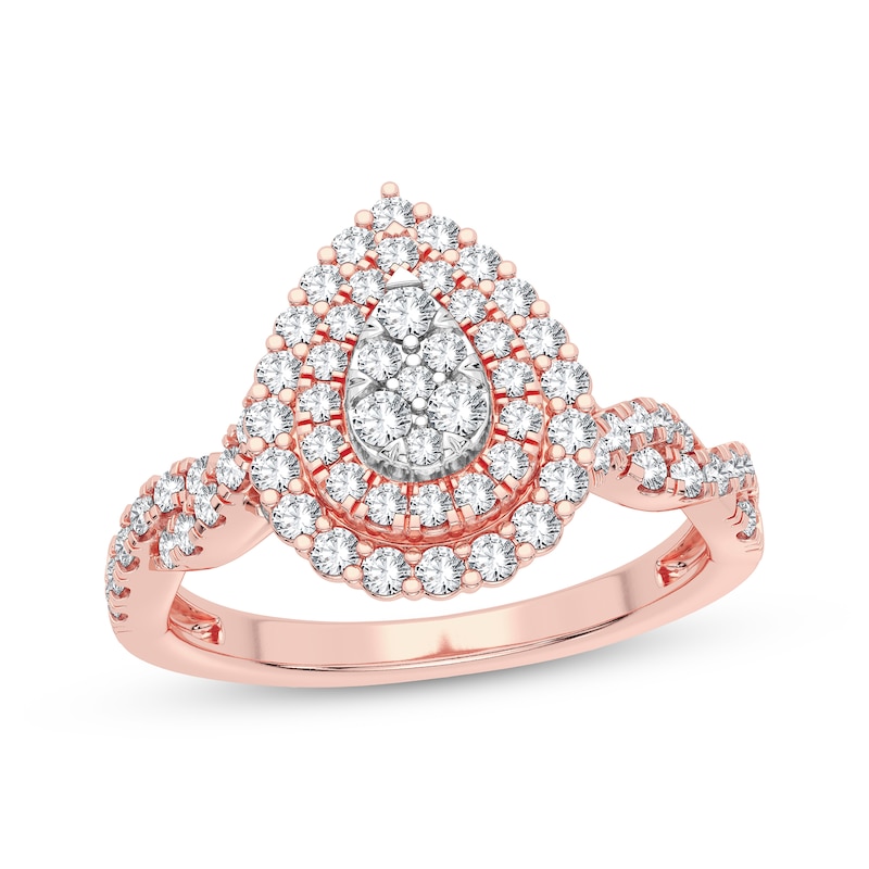 Multi-Diamond Pear Double Halo Engagement Ring 3/8 ct tw Round-cut Rose Gold Plated