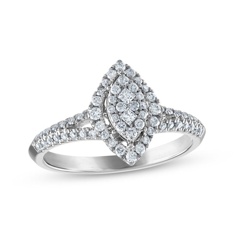 Princess & Round-Cut Multi-Diamond Center Marquise Frame Engagement Ring 3/8 ct tw White Gold Plated