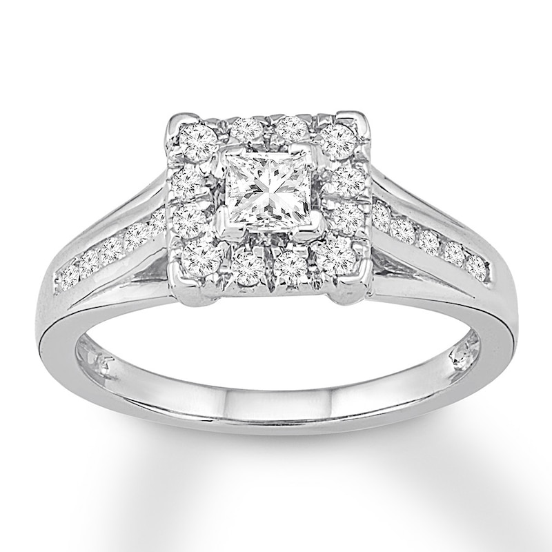 Diamond Engagement Ring 1/2 ct tw Princess & Round White Gold Plated