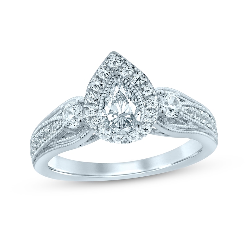 Diamond Engagement Ring 1 ct tw Pear & Round White Gold Plated