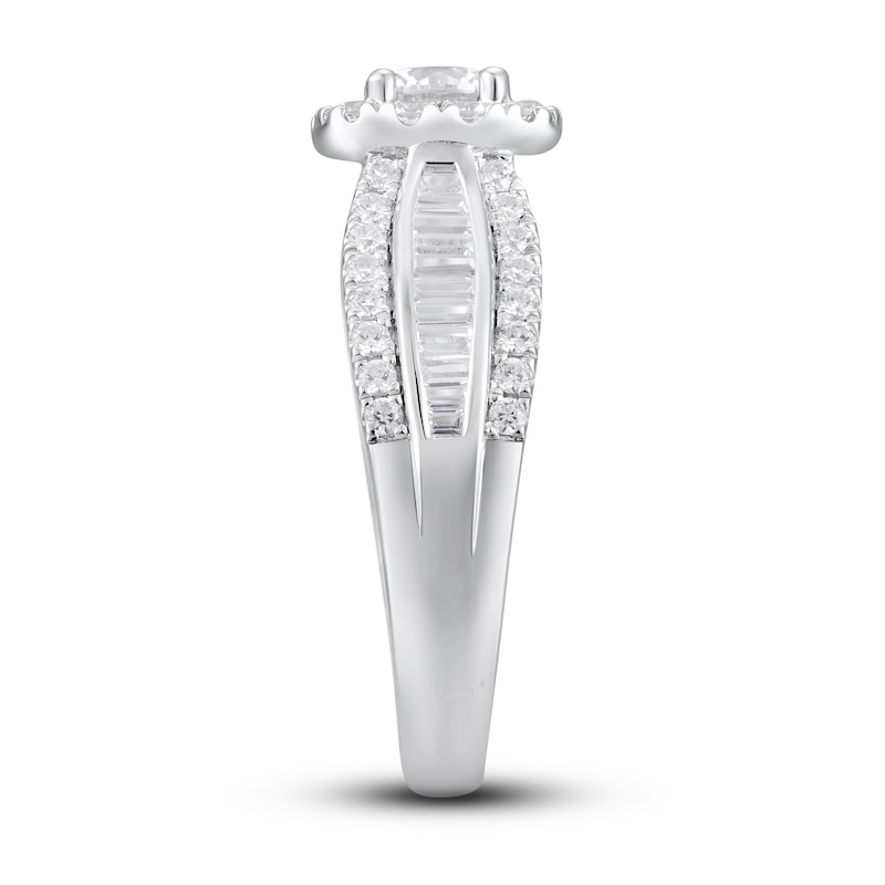 Diamond Engagement Ring 1-1/3 ct tw Round & Baguette White Gold Plated