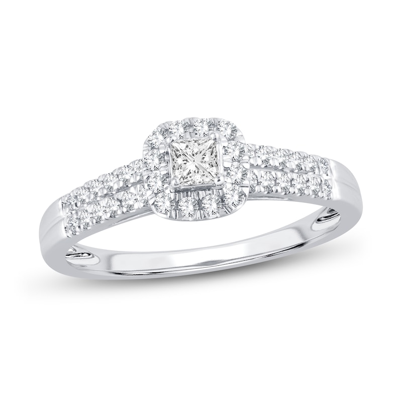 Diamond Engagement Ring 3/8 ct tw Princess & Round White Gold Plated