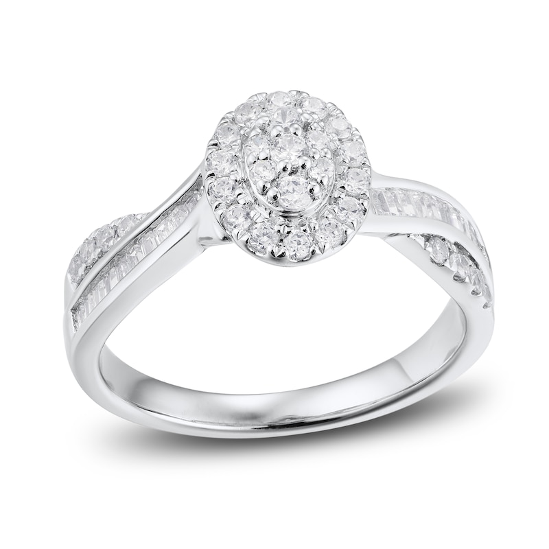 Diamond Engagement Ring 1/2 ct tw Round & Baguette White Gold Plated