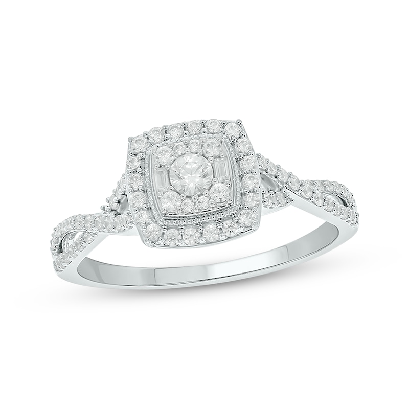 Baguette & Round-Cut Multi-Diamond Center Cushion-Frame Engagement Ring 1/2 ct tw White Gold Plated