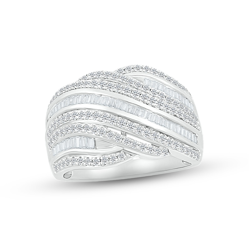 Diamond Swoop Ring 1 ct tw Round & Baguette-cut White Gold Plated