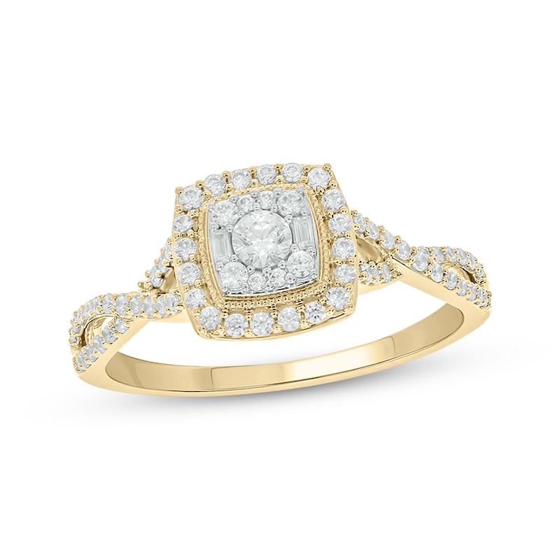 Baguette & Round-Cut Multi-Diamond Center Cushion-Frame Engagement Ring 1/2 ct tw Yellow Gold Plated