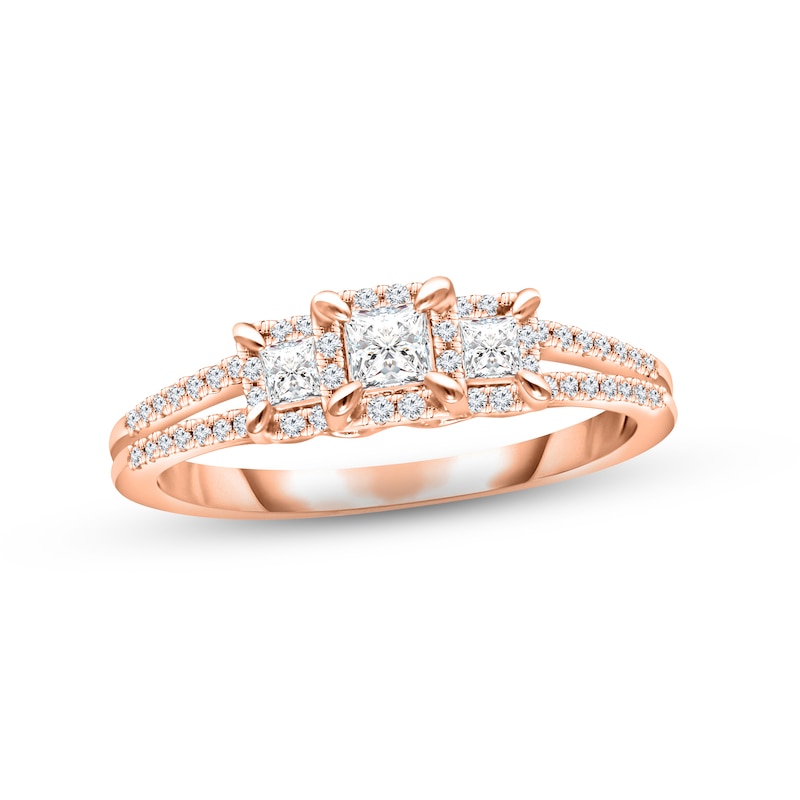 Three-Stone Diamond Engagement Ring 1/2 ct tw Princess & Round-cut Rose Gold Plated