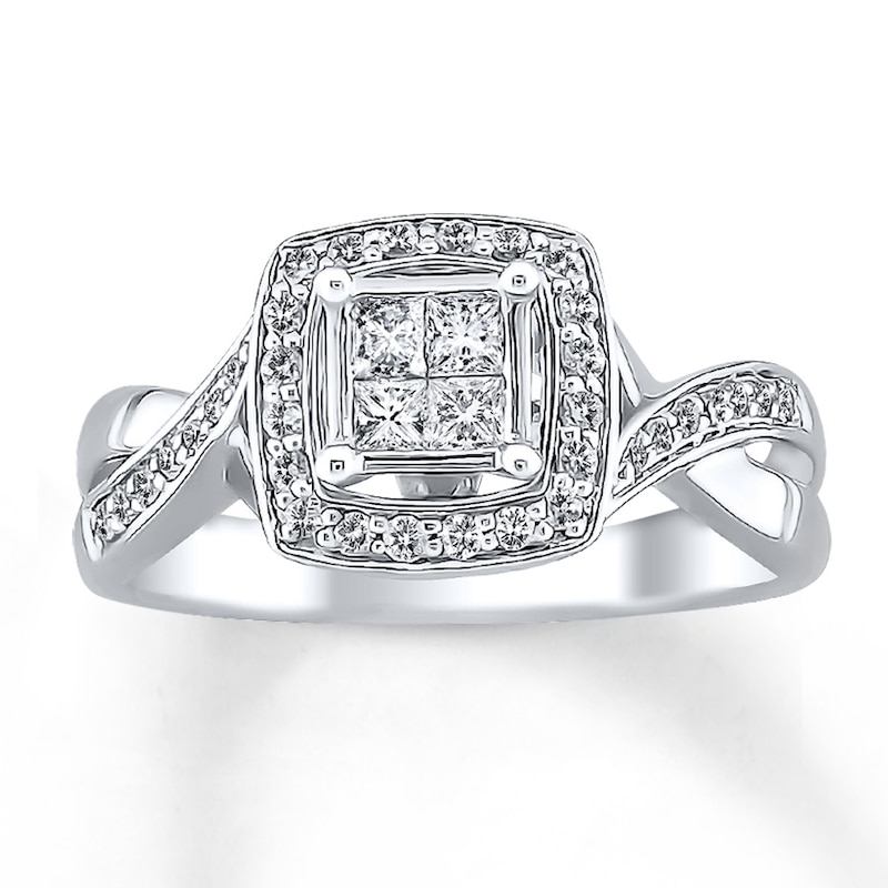 Diamond Engagement Ring 3/8 ct tw Princess/Round-Cut White Gold Plated