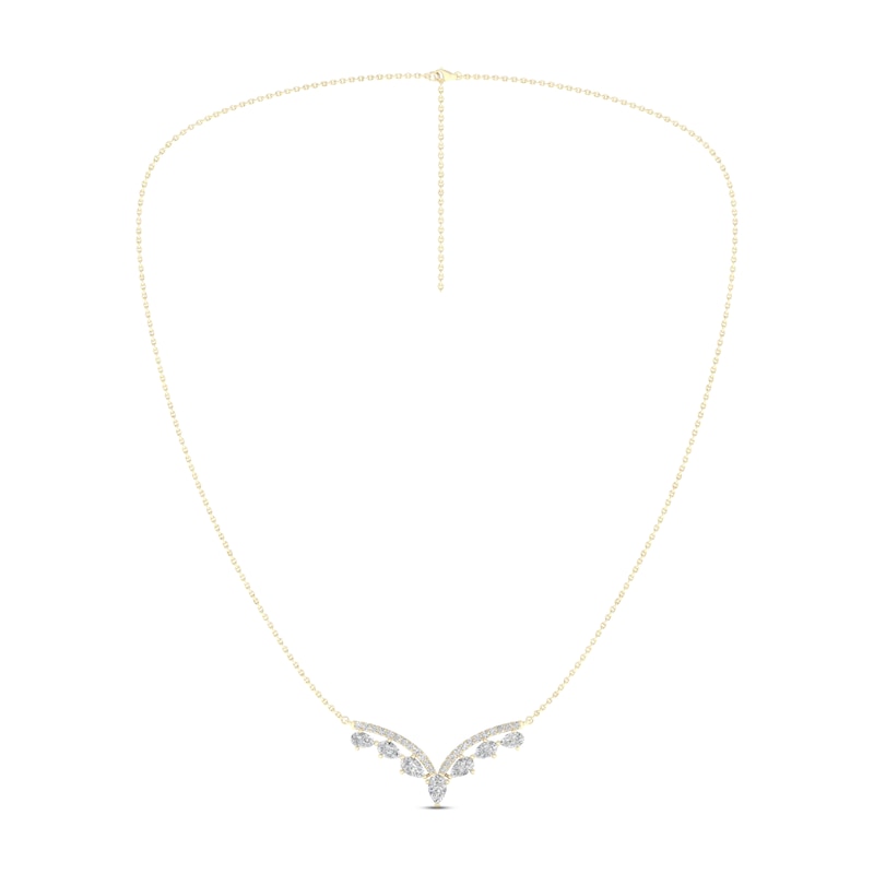 Diamond V Necklace 1-1/2 ct tw Pear & Round-cut Yellow Gold Plated 18"