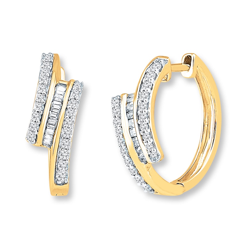 Hoop Earrings 1/2 ct tw Round & Baguette Diamonds Yellow Gold Plated