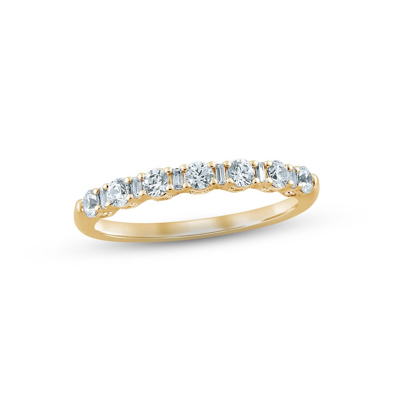 Diamond Anniversary Ring 1/2 ct tw Round & Baguette-cut Yellow Gold Plated