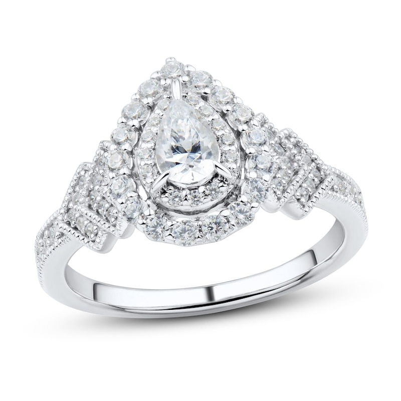 Diamond Engagement Ring 3/4 ct tw Pear & Round White Gold Plated