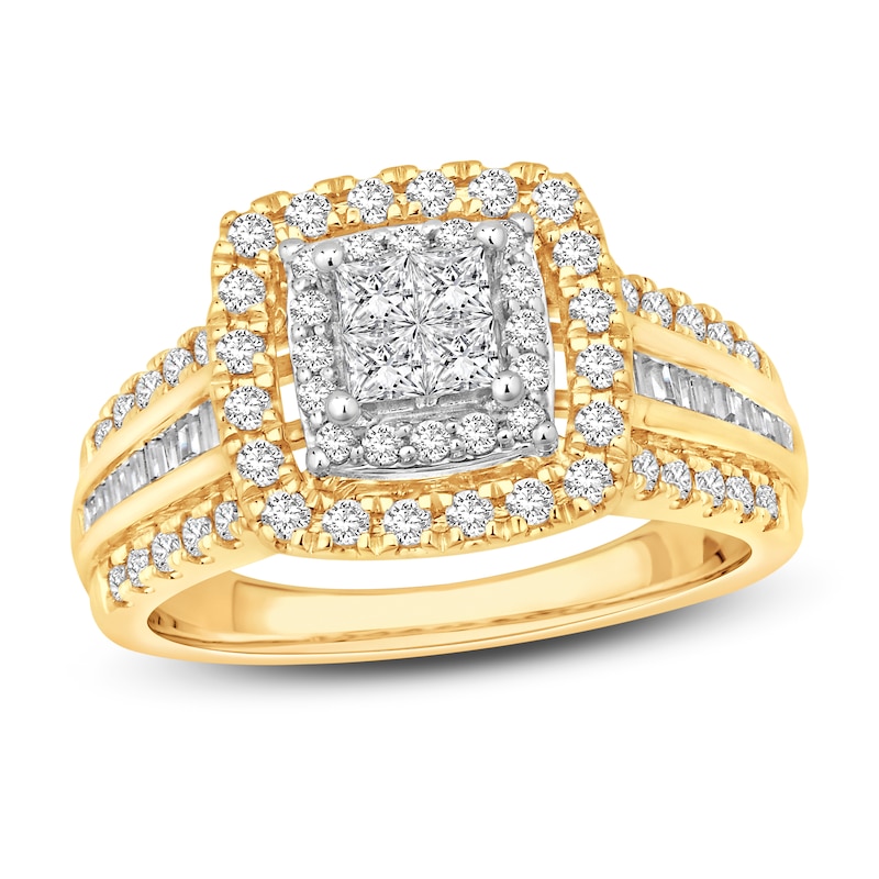 Multi-Diamond Engagement Ring 1 ct tw Princess, Round & Baguette Two-Tone Gold Plated