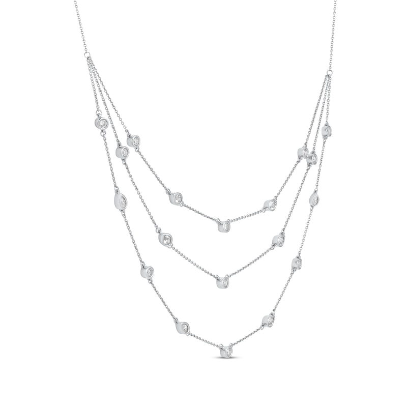 Pear-Shaped and Round-Cut Diamond Station Triple-Layer Necklace 1 ct tw White Gold Plated 16"