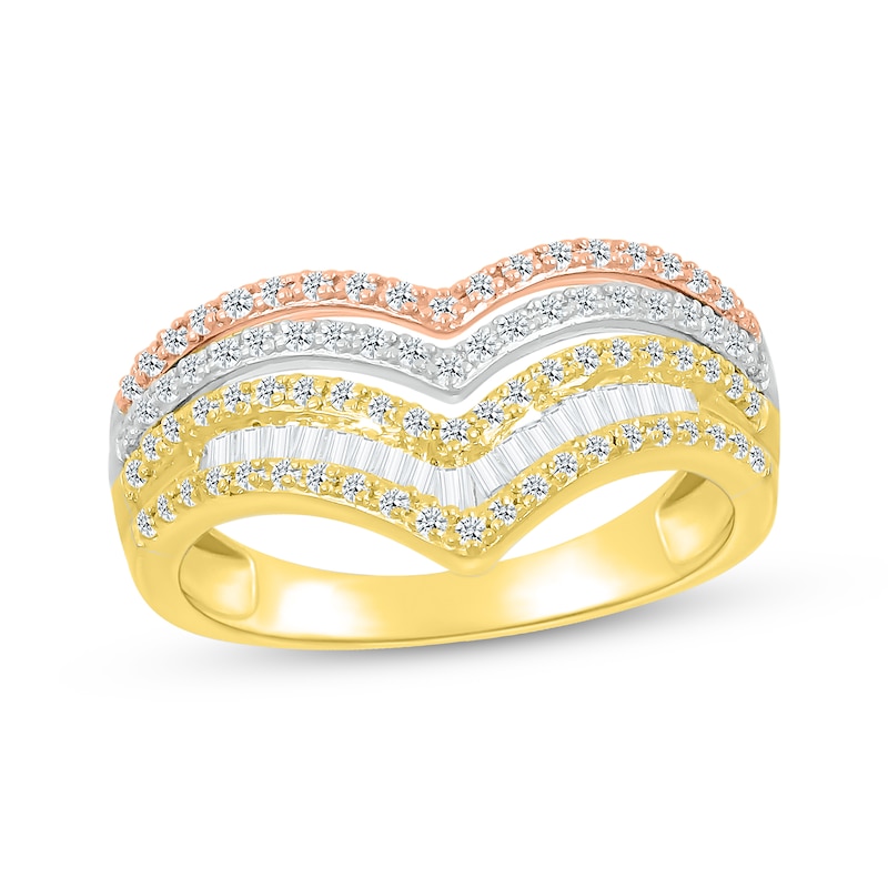 Baguette & Round-Cut Diamond Chevron Faux-Stack Ring 1/2 ct tw Tri-Tone Gold Plated