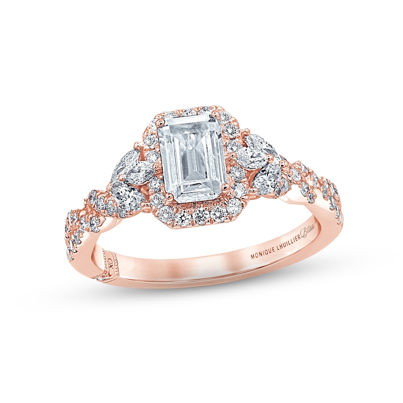 Monique Lhuillier Bliss Diamond Engagement Ring 1-3/8 ct tw Emerald, Round & Marquise-cut Rose Gold Plated