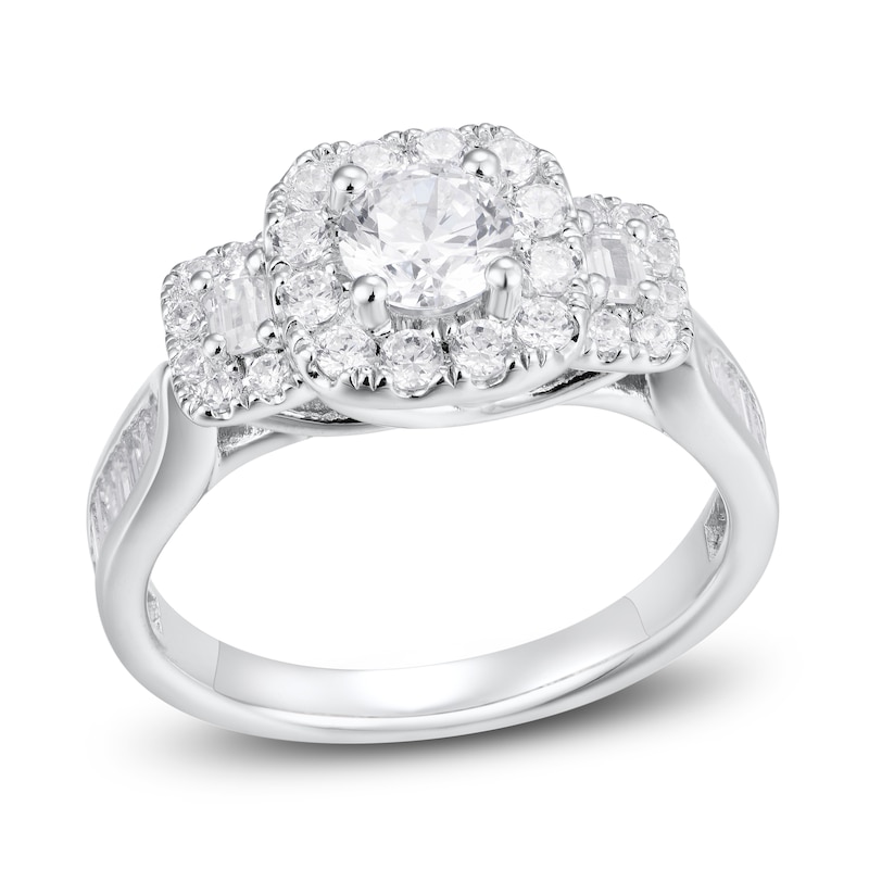Diamond Engagement Ring 1-1/4 ct tw Round & Baguette White Gold Plated