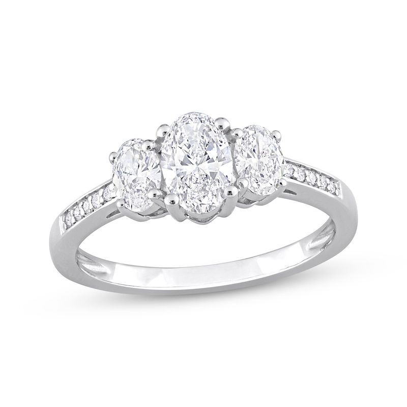 Diamond Three-Stone Engagement Ring 7/8 ct tw Oval & Round-cut White Gold Plated