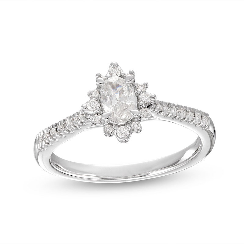 Diamond Halo Engagement Ring 1/2 ct tw Oval & Round-cut White Gold Plated