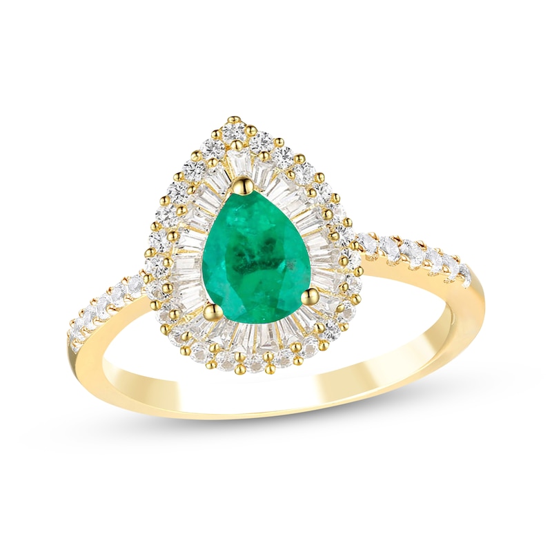 Pear-Shaped Emerald & Diamond Ring 1/2 ct tw Yellow Gold Plated